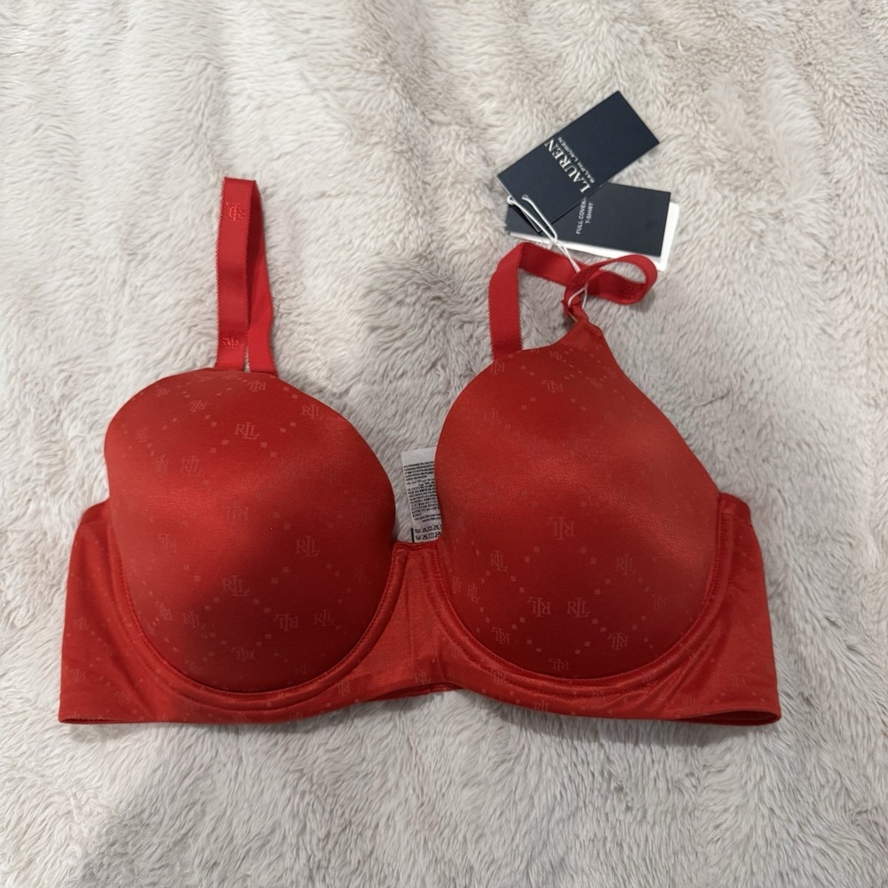$58 Lauren Ralph Lauren Comfort Collection Repeat-Logo T-shirt Bra Size 38D Red
